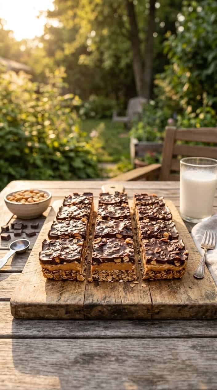 Summer Desserts That Hold Up in the Heat 12 No-bake peanut butter chocolate oat bars on a wooden board with peanuts and chocolate pieces, set outdoors in a backyard during sunset.
