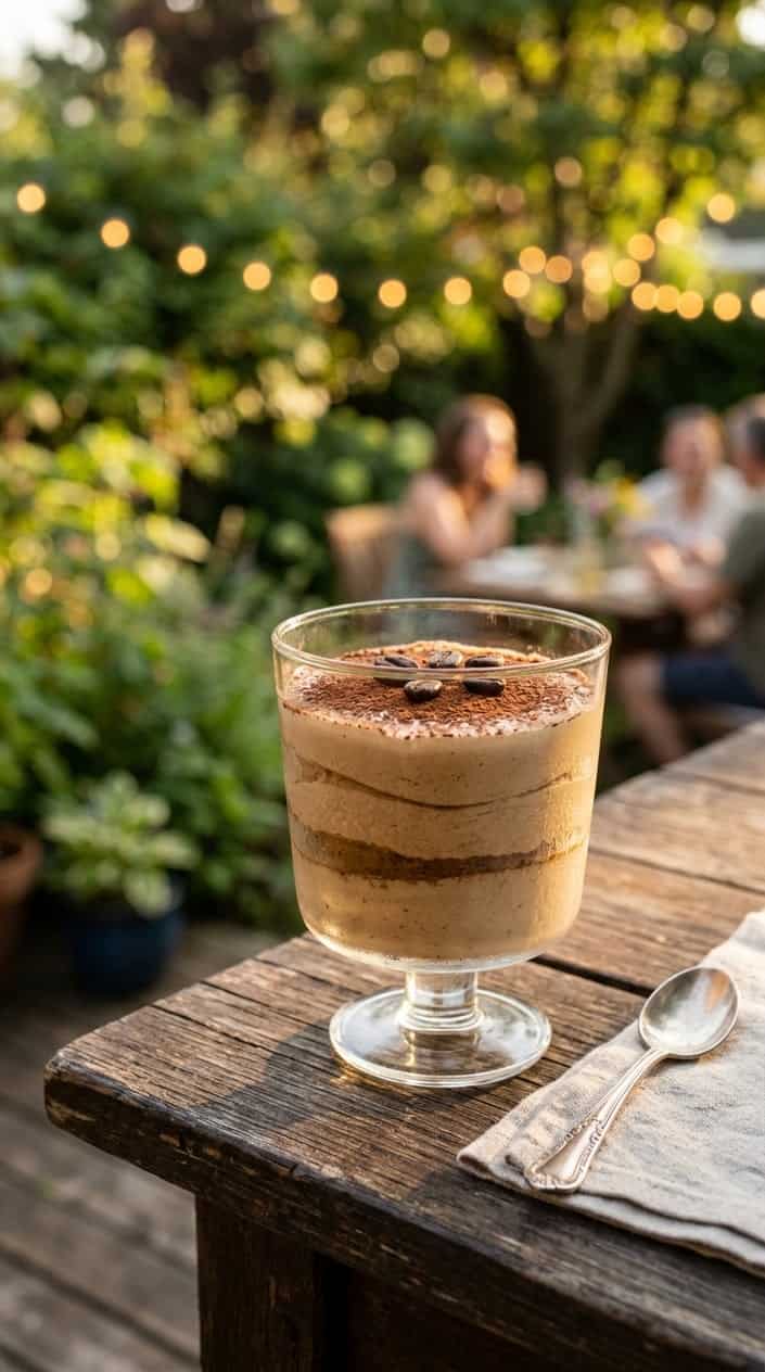 A glass cup with layered espresso semifreddo dessert topped with cocoa powder and coffee beans on a wooden table outdoors during golden hour with a blurred backyard in the background.