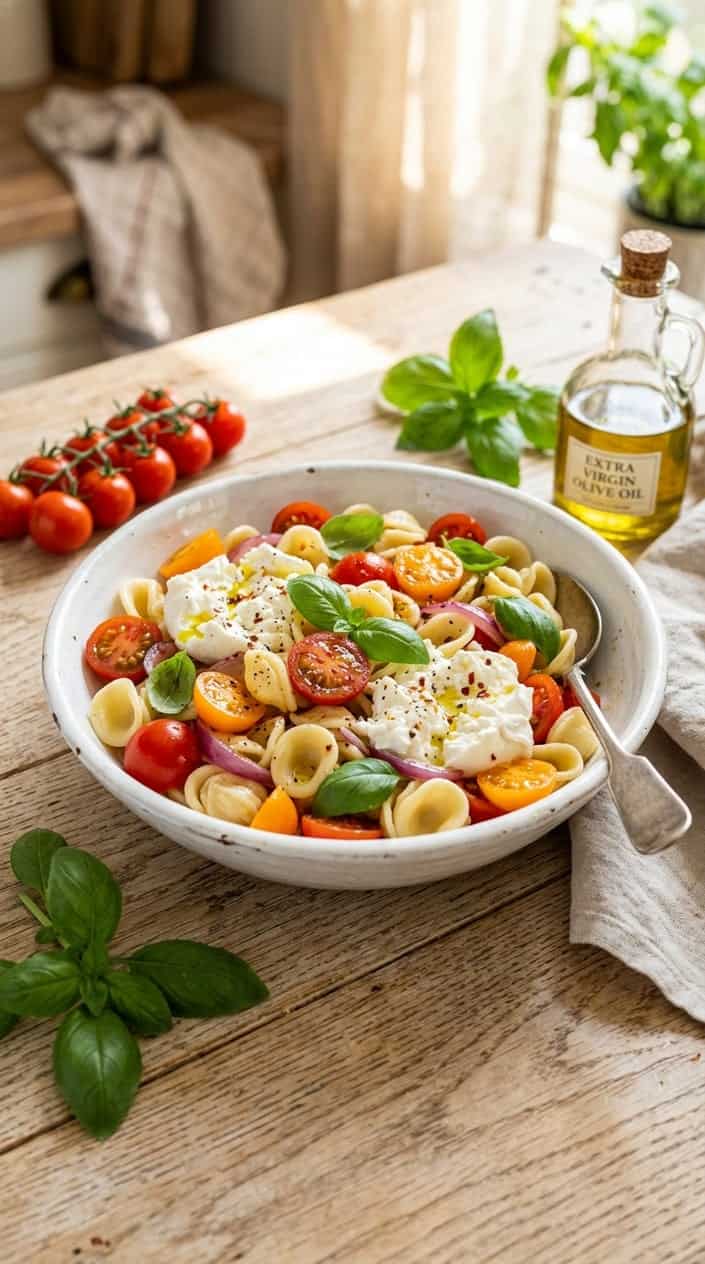 A bowl of Caprese pasta salad with cherry tomatoes, basil, and burrata cheese on a wooden table.
