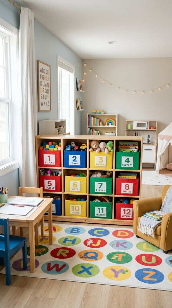 A solid wood cubby unit with four deep shelves holding labeled plastic bins numbered one through four, each filled with different categories of toys in a tidy playroom.