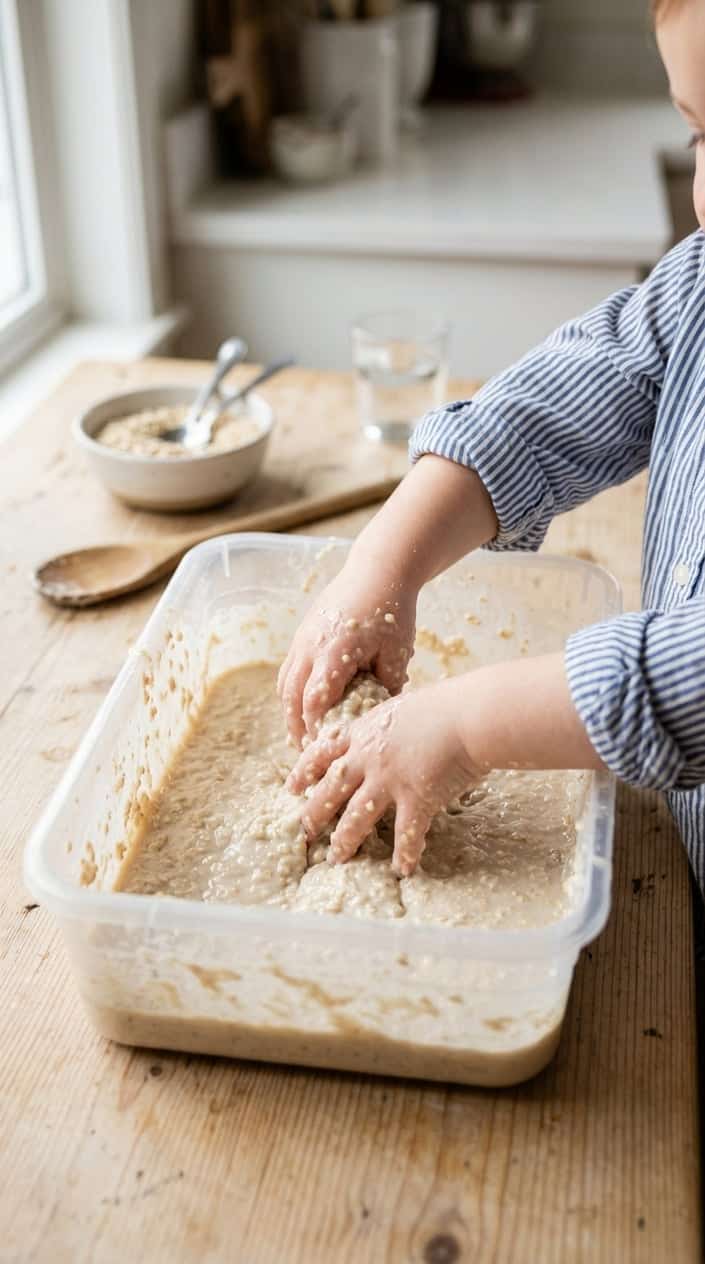 Child's hands playing with a sensory bin filled with oatmeal goo made from oats and water on a wooden table in a kitchen.