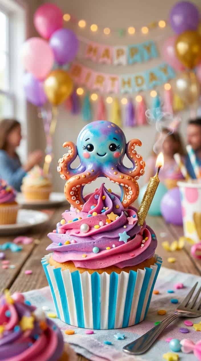 A colorful cupcake topped with a detailed octopus-shaped ring surrounded by birthday decorations.