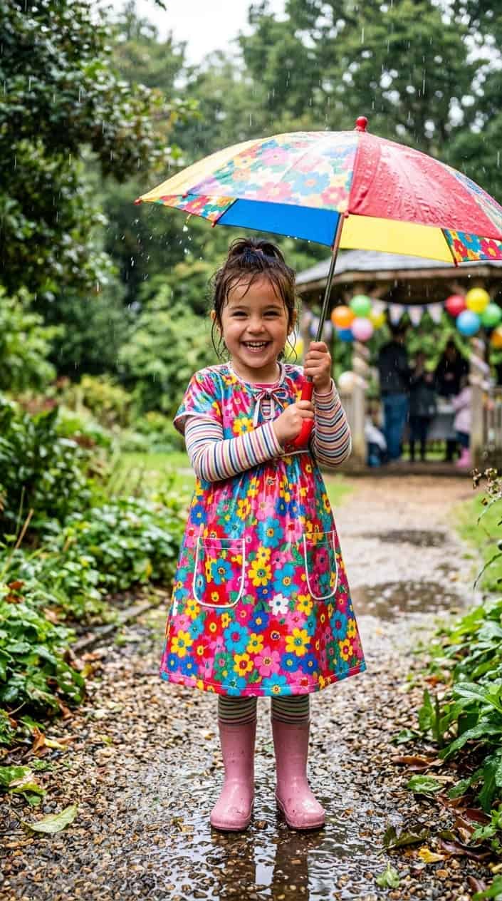 Little Girl Dress Styles for a Rainy Birthday Party 5 A young girl in a floral dress holding an umbrella outdoors on a rainy day, smiling happily.