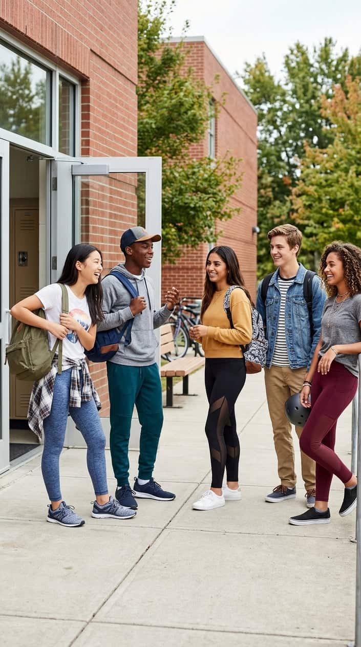 A group of teenagers wearing casual back-to-school outfits including leggings, standing and smiling near a school entrance.