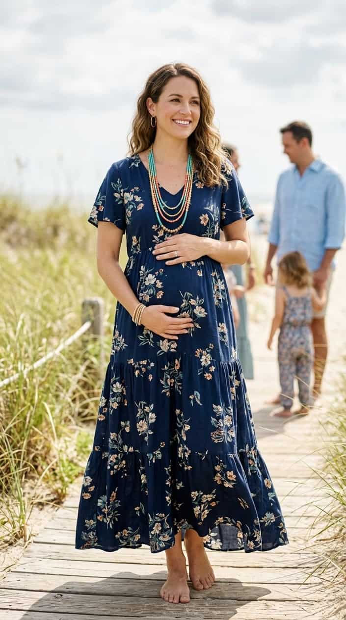 A woman wearing a long summer dress and a colorful beaded necklace, standing outdoors in soft natural light.