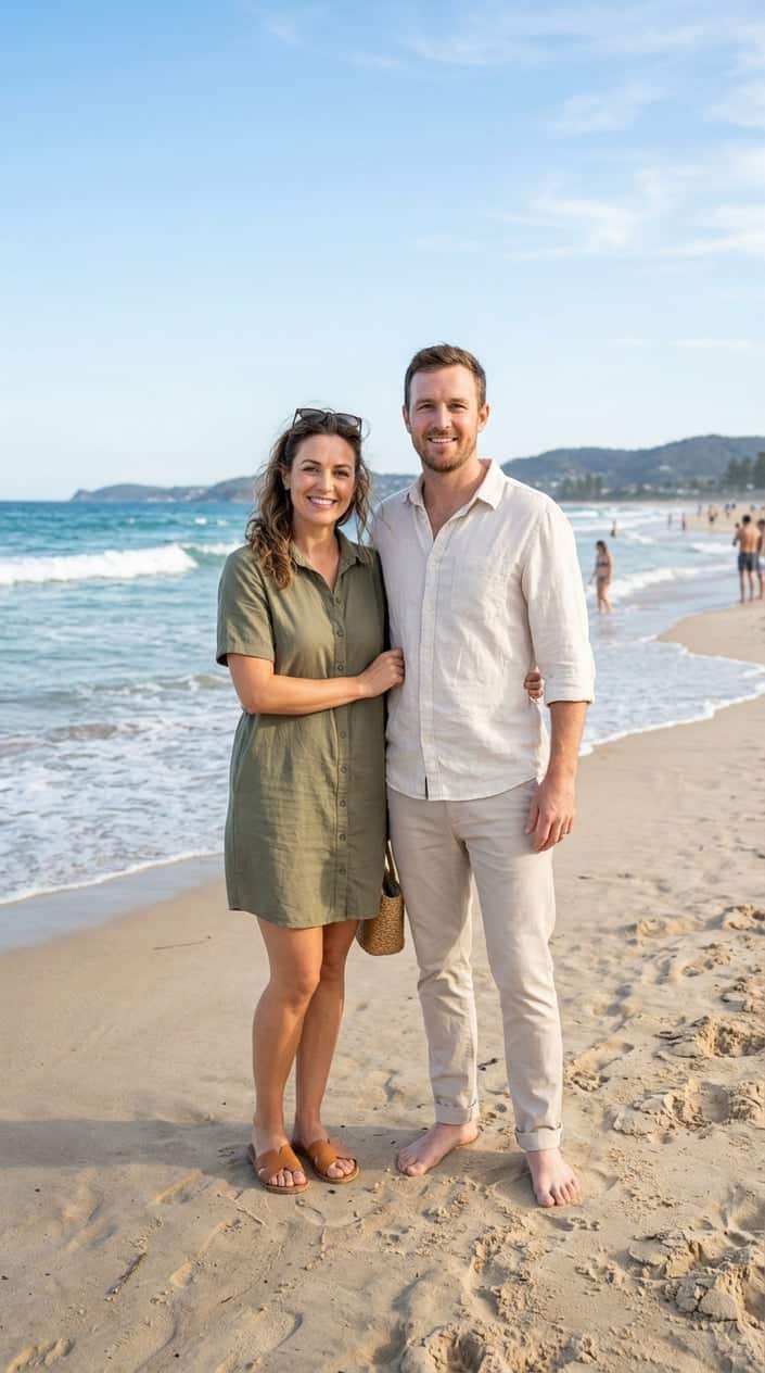 A couple standing on a sandy beach near the ocean, the woman in an olive green shirt dress with tan leather sandals and the man in an off-white linen button-up shirt, both smiling.