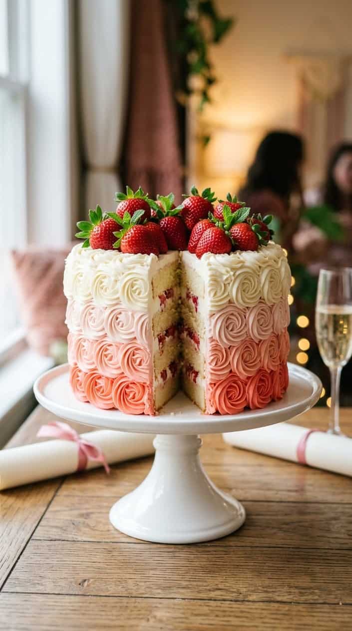 A pink and white ombre rosette strawberry shortcake decorated with fresh strawberries on a white cake stand.