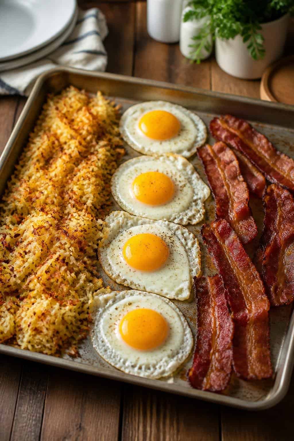 A rimmed baking sheet with a golden-brown bed of shredded hash browns, four sunny-side-up eggs with set whites and bright yolks, and crispy flat strips of bacon on a wooden table.