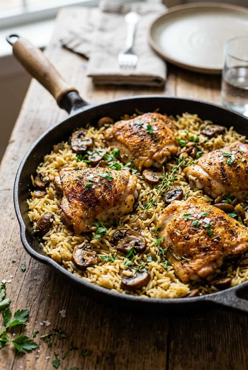 A dark-handled skillet containing fluffy seasoned white rice mixed with sliced cremini mushrooms and shredded rotisserie chicken, photographed from slightly above on a wooden table.