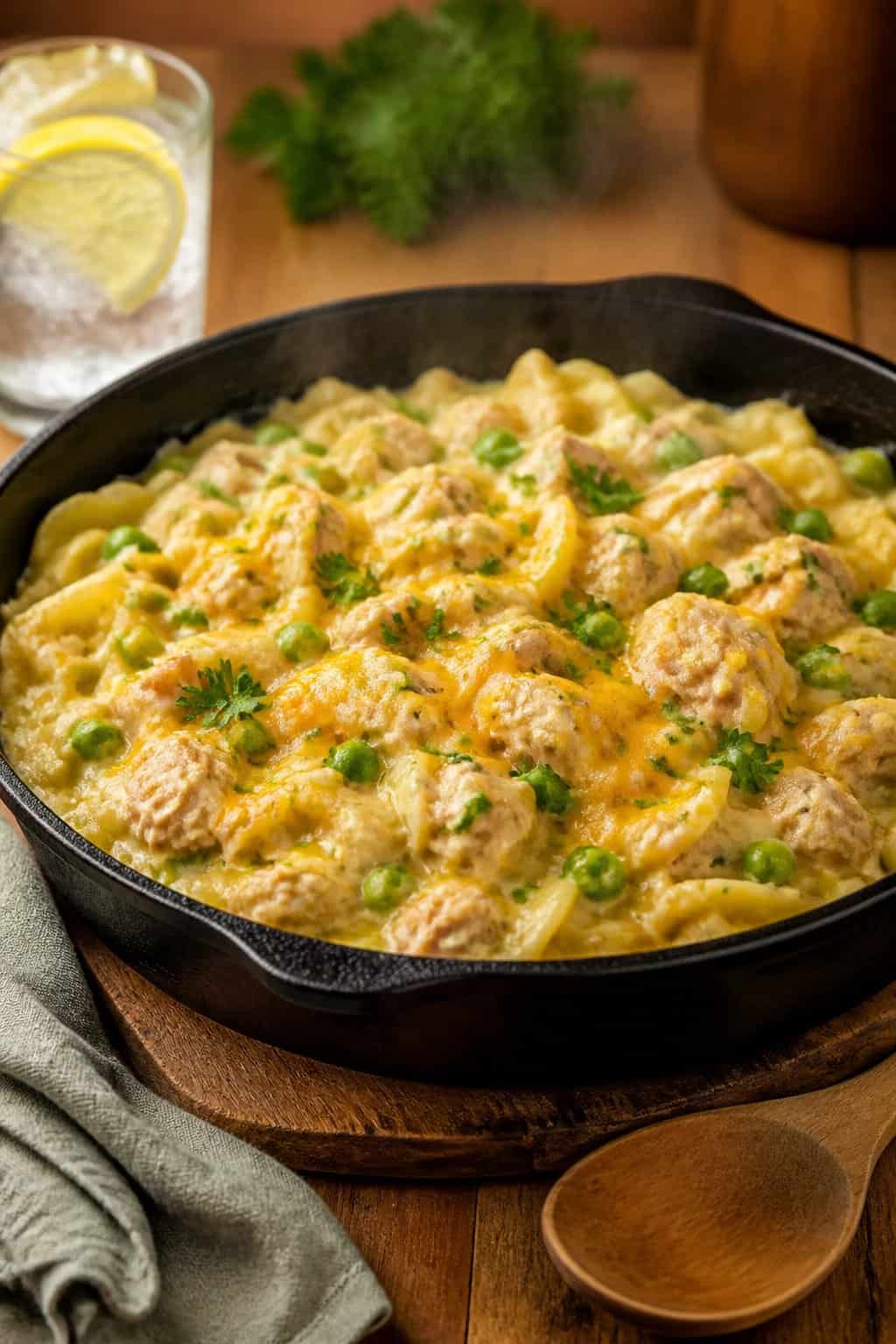 A skillet filled with tuna noodle casserole garnished with parsley on a wooden table, with a spoon and glass of water nearby.