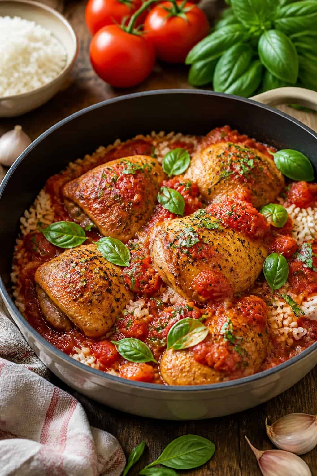 A wide skillet on a wooden table filled with chicken thighs half-submerged in a deep red tomato basil sauce over rice, topped with scattered fresh basil leaves and a few whole tomatoes visible at the edge.