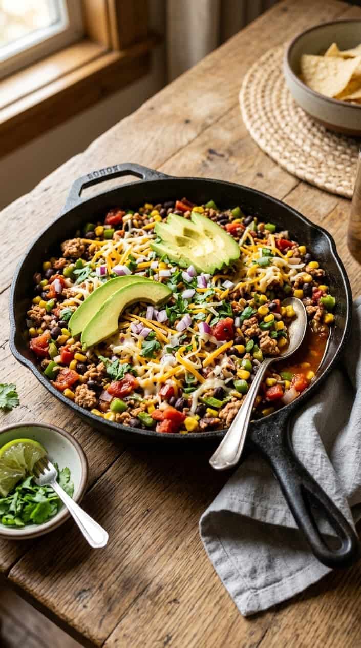 20 Easy Kid-Friendly Meals Made From Scratch 3 A skillet filled with a colorful turkey taco mixture including beans, corn, tomatoes, and avocado on a wooden table.