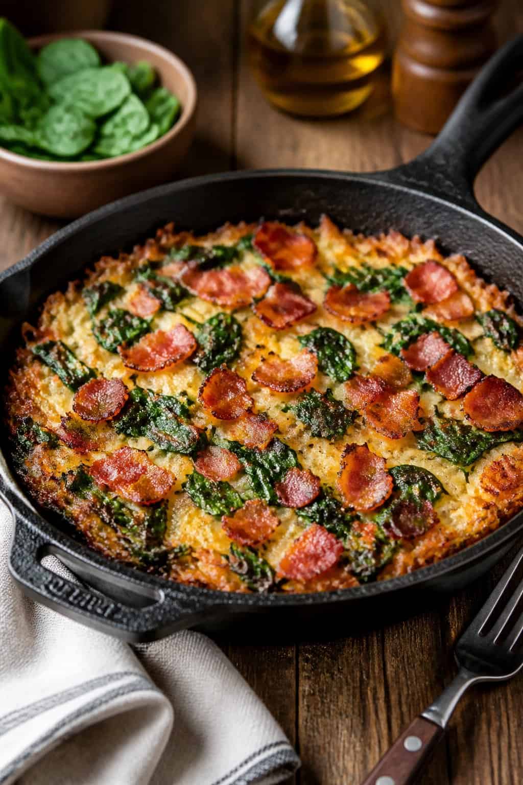 A skillet filled with a baked dish of hashbrowns, spinach, and bacon on a wooden table.