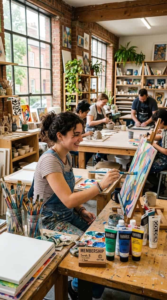 18 Birthday Gift Ideas for the Friend Whose Mom Already Bought Her Everything 13 A young woman painting in a bright art studio surrounded by art supplies and other artists working nearby.