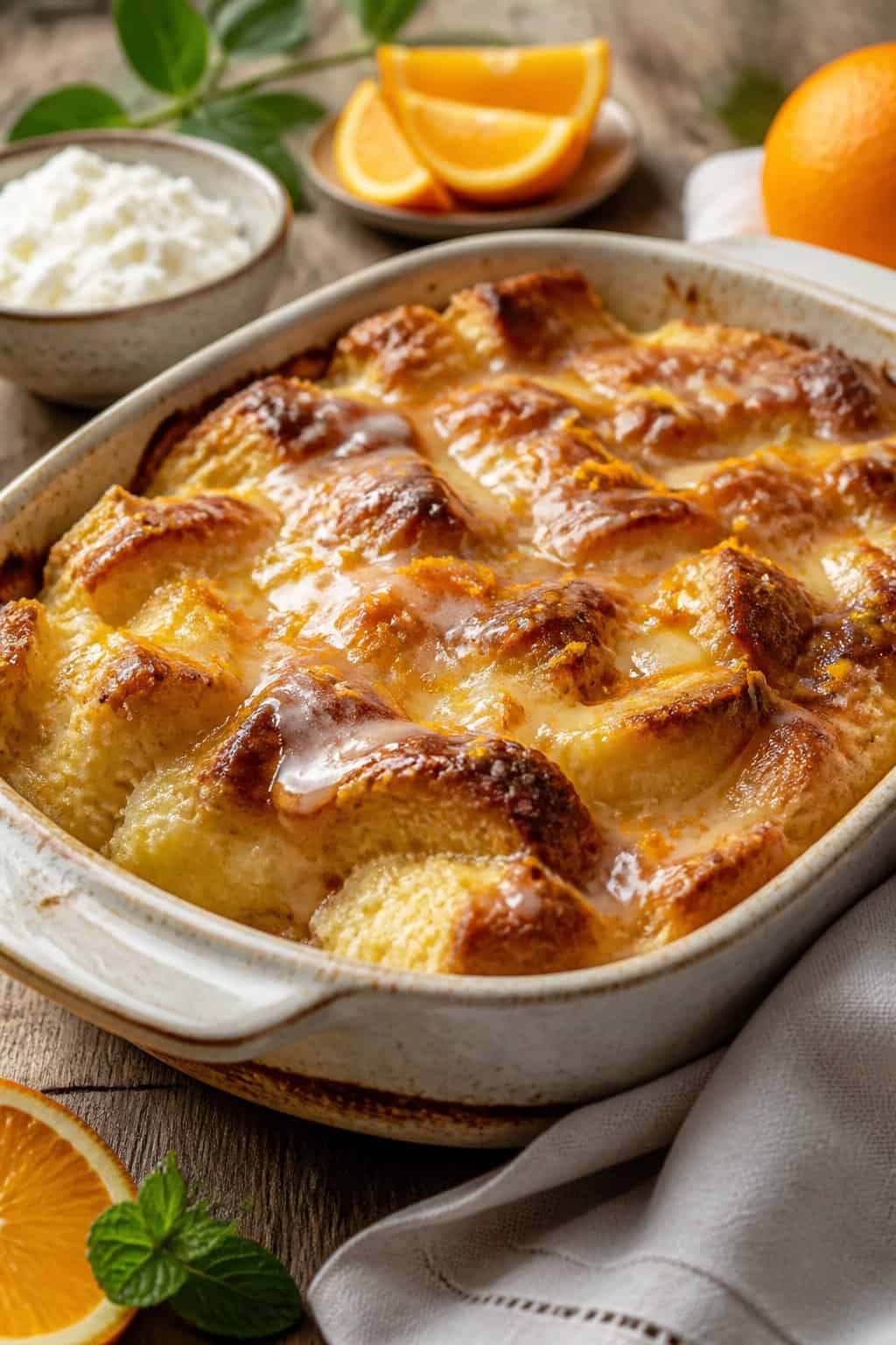 A baked orange-glazed ricotta French toast casserole in a white ceramic dish with a glossy powdered sugar glaze drizzled across the top, with fresh orange slices and zest arranged alongside on a wooden table.