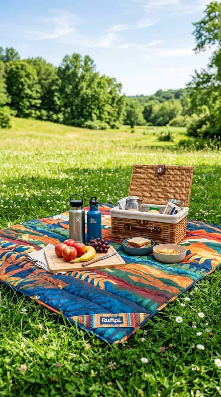 18 Birthday Gift Ideas for the Friend Whose Mom Already Bought Her Everything 15 A picnic blanket spread on grass with picnic items like a basket, water bottles, and fruits in a sunny outdoor setting.