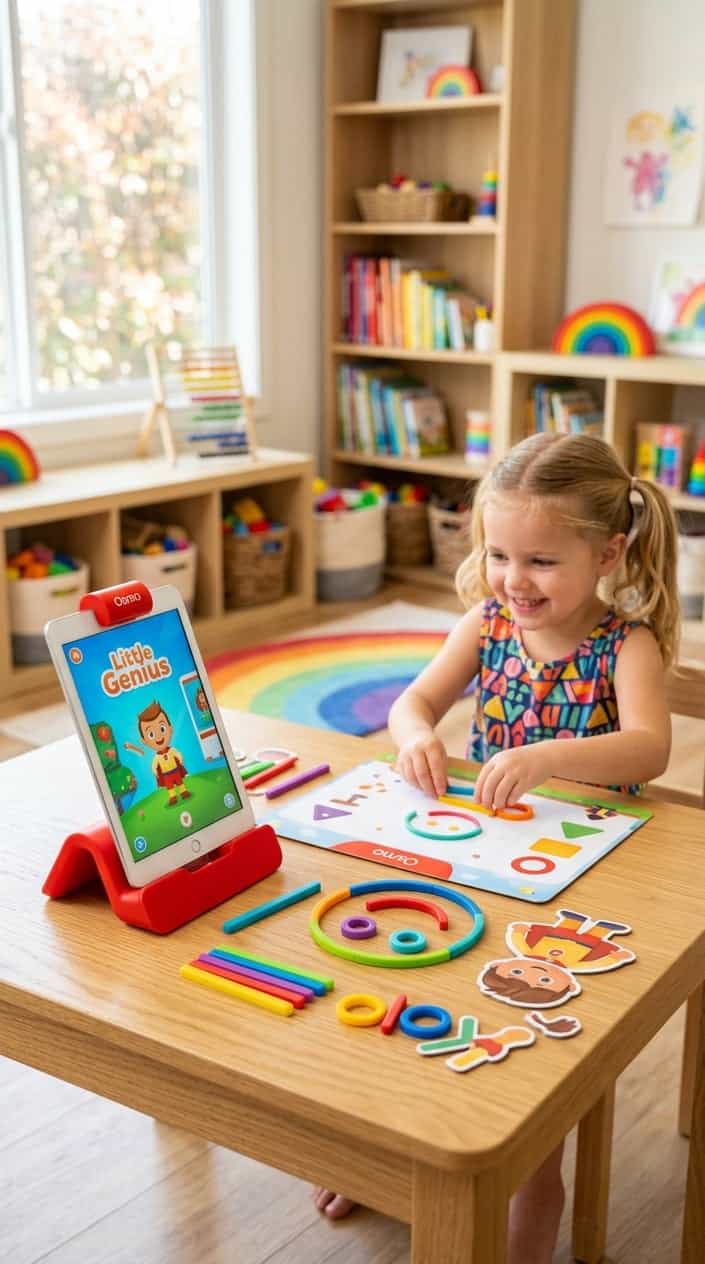 A young child playing with the Osmo Little Genius Starter Kit for iPad on a wooden table in a bright playroom.