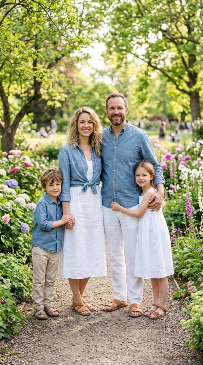 18 Family Picture Outfit Combos for Late Spring / Early Summer 2 A family of four standing together outdoors in spring clothing, smiling and enjoying a sunny day in a green park.