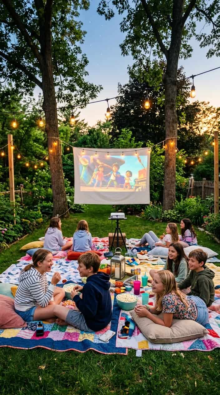 18 Kid-Friendly Outdoor Summer Activities for Tweens and Older Kids 10 Children sitting cross-legged on quilts and pillows in a backyard, faces lit by the glow of a movie projected onto a white sheet strung between two trees at dusk.