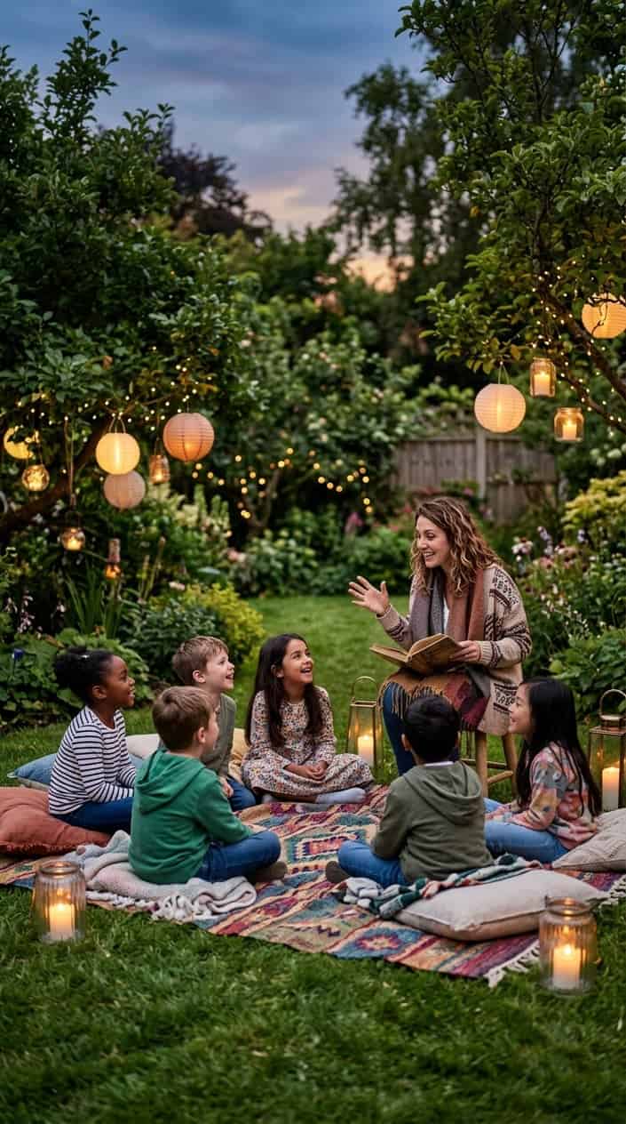 Children sitting on a blanket outdoors in a circle surrounded by lanterns, listening to a storyteller in a backyard.