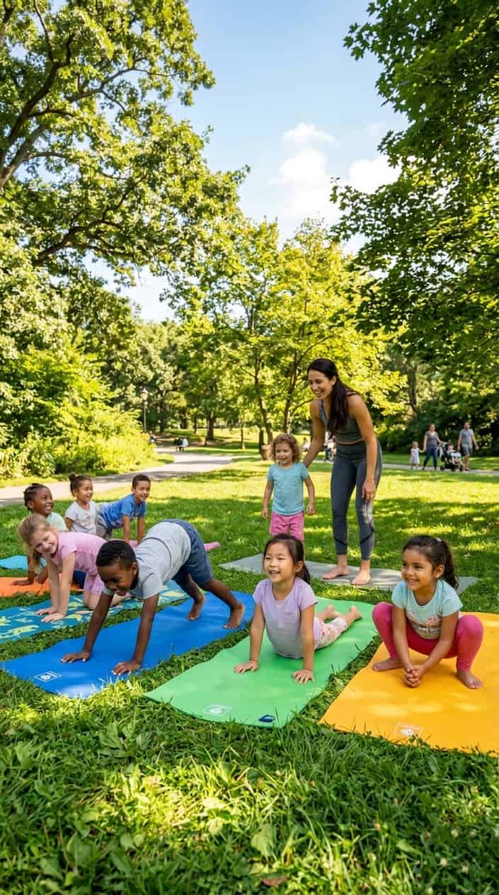 Children practicing animal-inspired yoga poses outside on grass in a sunny park.