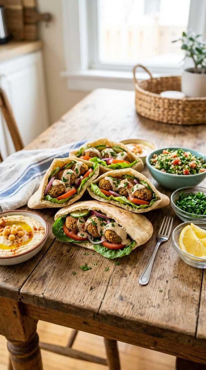Oven-baked falafel pita pockets filled with fresh vegetables and sauce on a wooden table with small bowls of side dishes.