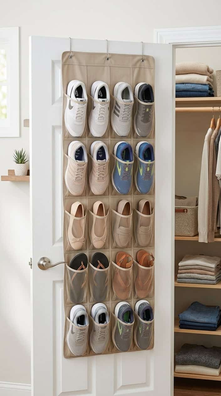 An over-the-door 12-pocket shoe organizer hanging on a white door filled with various shoes in a tidy closet space.