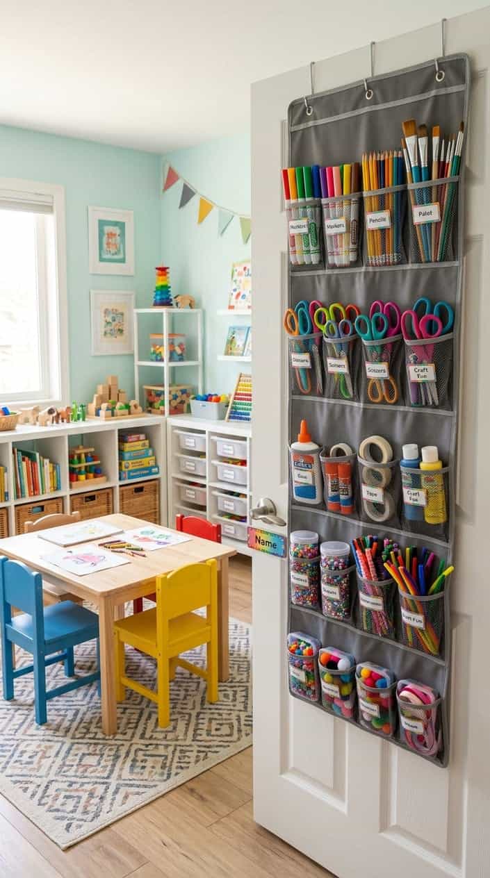 A heavy-duty canvas over-the-door hanging organizer with clear-front pockets holding markers, glue sticks, scissors, and small craft supplies on the back of a white door.