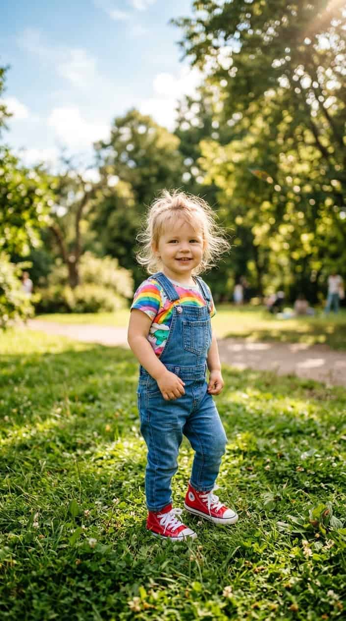 Easy Mix-and-Match Toddler Girl Summer Outfits 8 A toddler girl standing outdoors wearing denim overalls with one strap undone, a graphic t-shirt, and high-top sneakers.