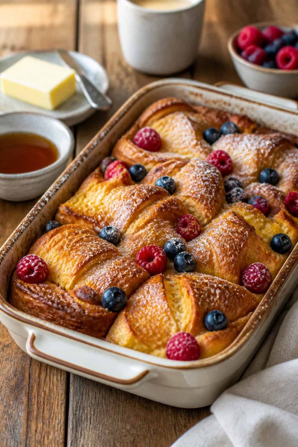 A baked croissant French toast casserole in a white ceramic dish with golden-brown, flaky edges and a caramelized top, with a bowl of fresh berries and a small jar of maple syrup on the wooden table beside it.