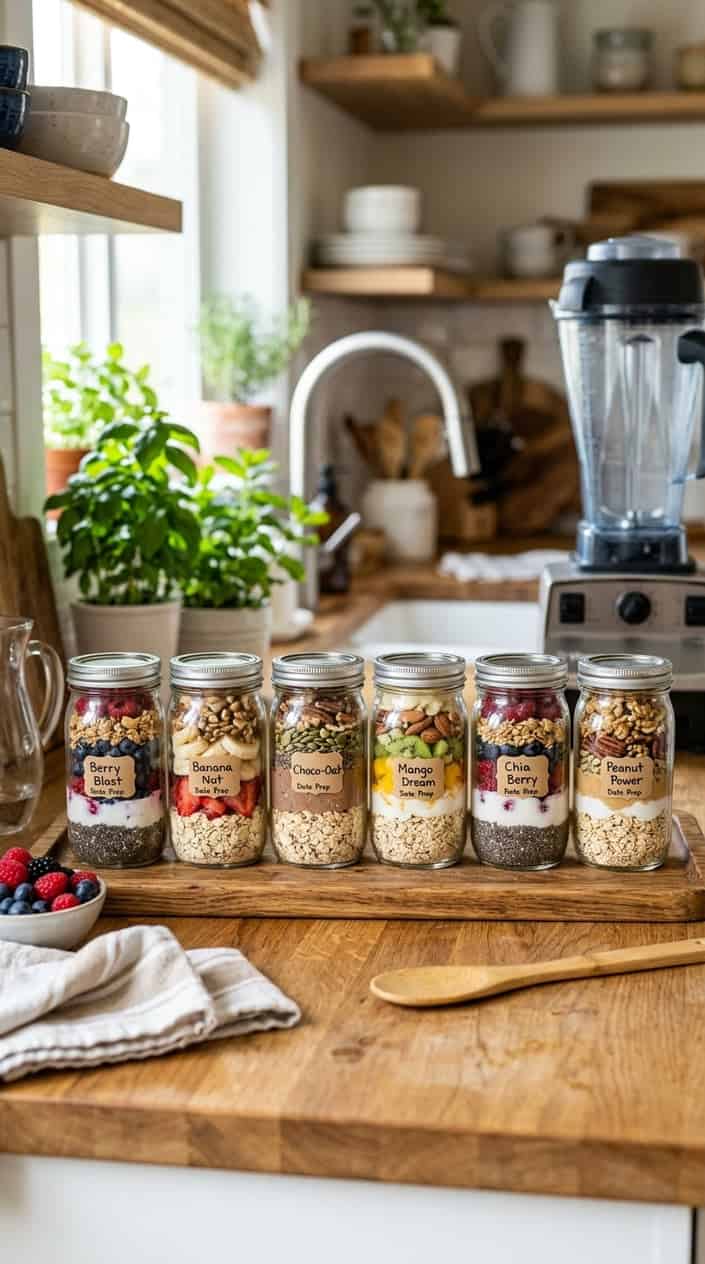 Glass jars filled with layered overnight oats and fresh fruits arranged on a kitchen countertop.