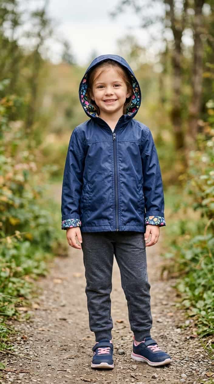 Little Girl Outfits She Won't Refuse to Wear 8 A young girl outdoors wearing a lightweight hooded windbreaker with a colorful floral lining, smiling gently.