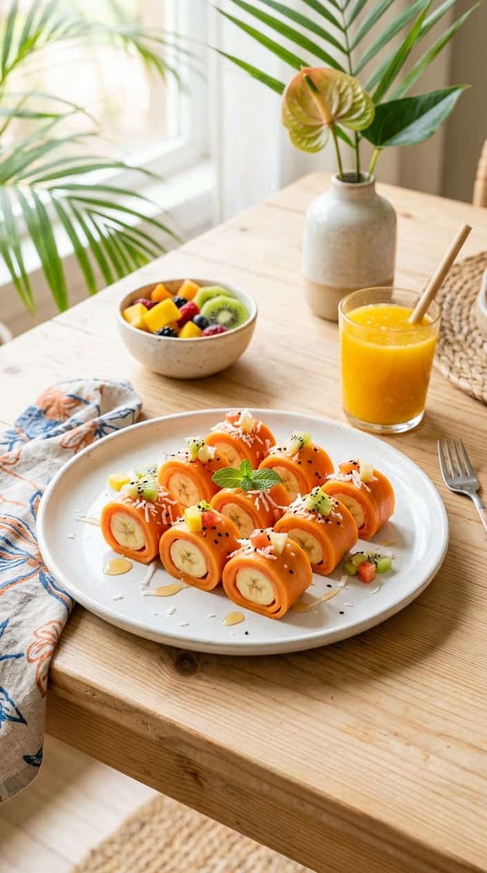 Sliced papaya rolls arranged on a pale wood table with banana filling visible inside, a glass of orange juice blurred in the background.
