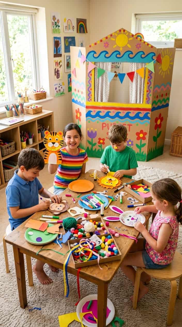 Summer Activities for Kids Beyond Going Outside 16 Children making paper plate puppets and playing with a homemade puppet theater indoors.