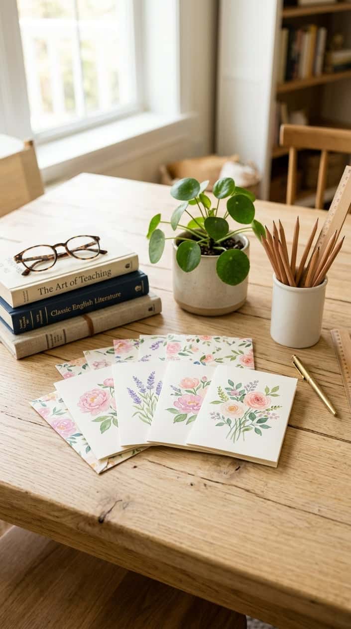 A set of floral notecards on a wooden desk surrounded by books, pencils, glasses, and a small plant.