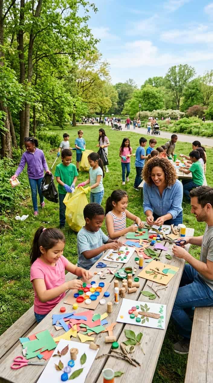 Children and adults cleaning up a park and making crafts with reused materials on a sunny day.