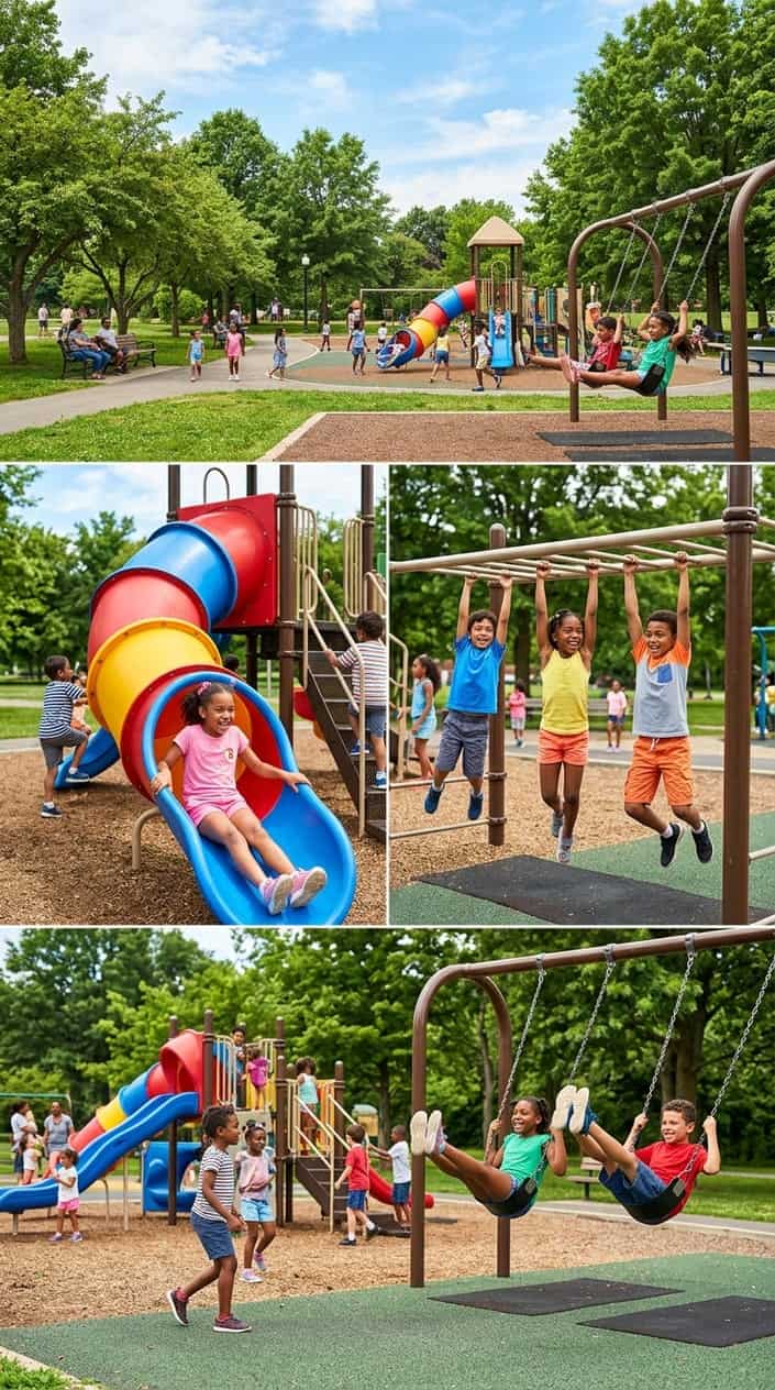 Physical Activities for Kids to Burn Off Energy 15 Children playing on a slide, monkey bars, and swings in a park playground surrounded by grass and trees.