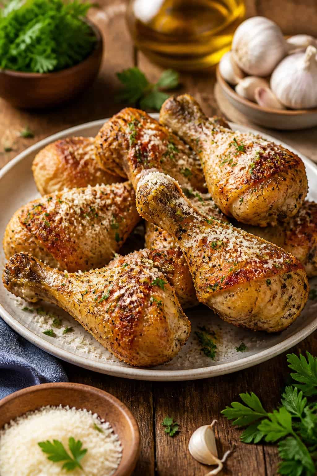 Crispy golden-brown Parmesan garlic roasted chicken drumsticks topped with bright green parsley on a white plate, with small ramekins of minced garlic and grated Parmesan on a warm wood table.