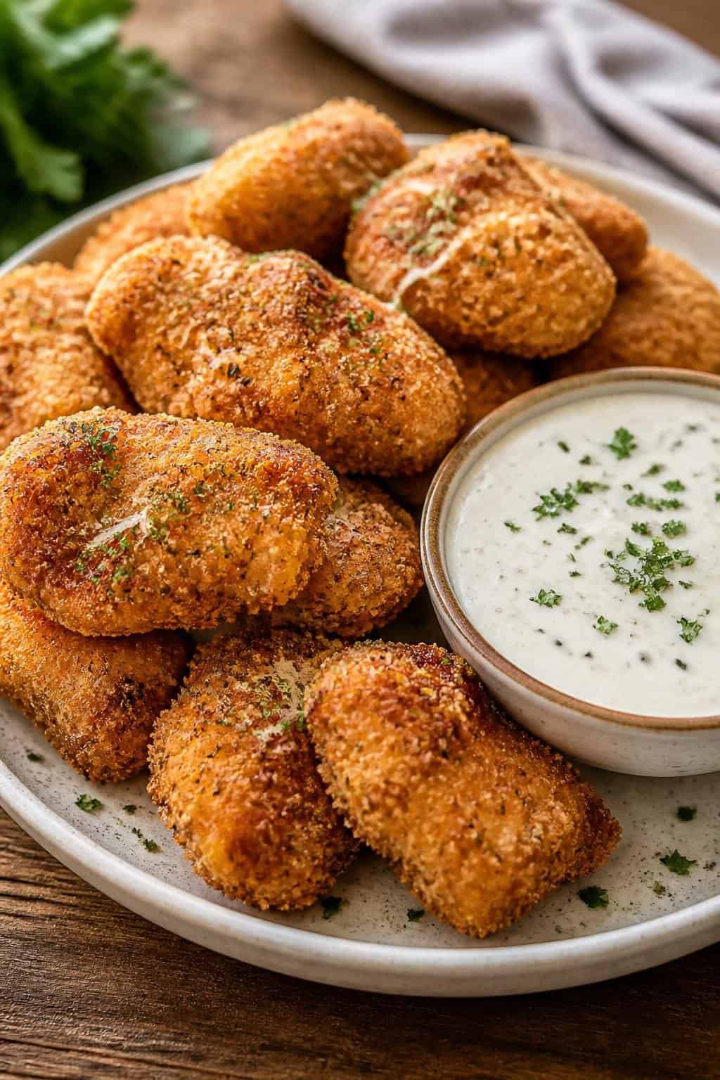 Plate of golden Parmesan ranch chicken nuggets with a bowl of ranch dipping sauce on a wooden table.