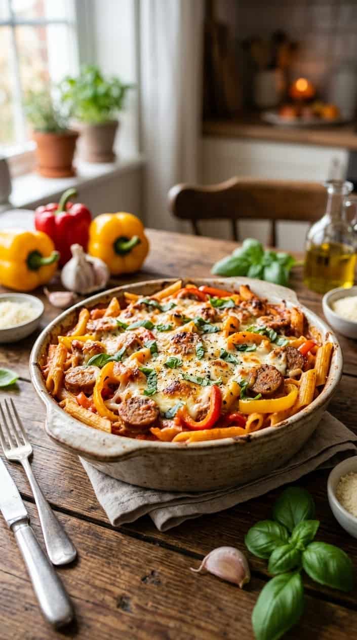 A baked pasta dish with sausage and bell peppers in a ceramic dish on a wooden table.