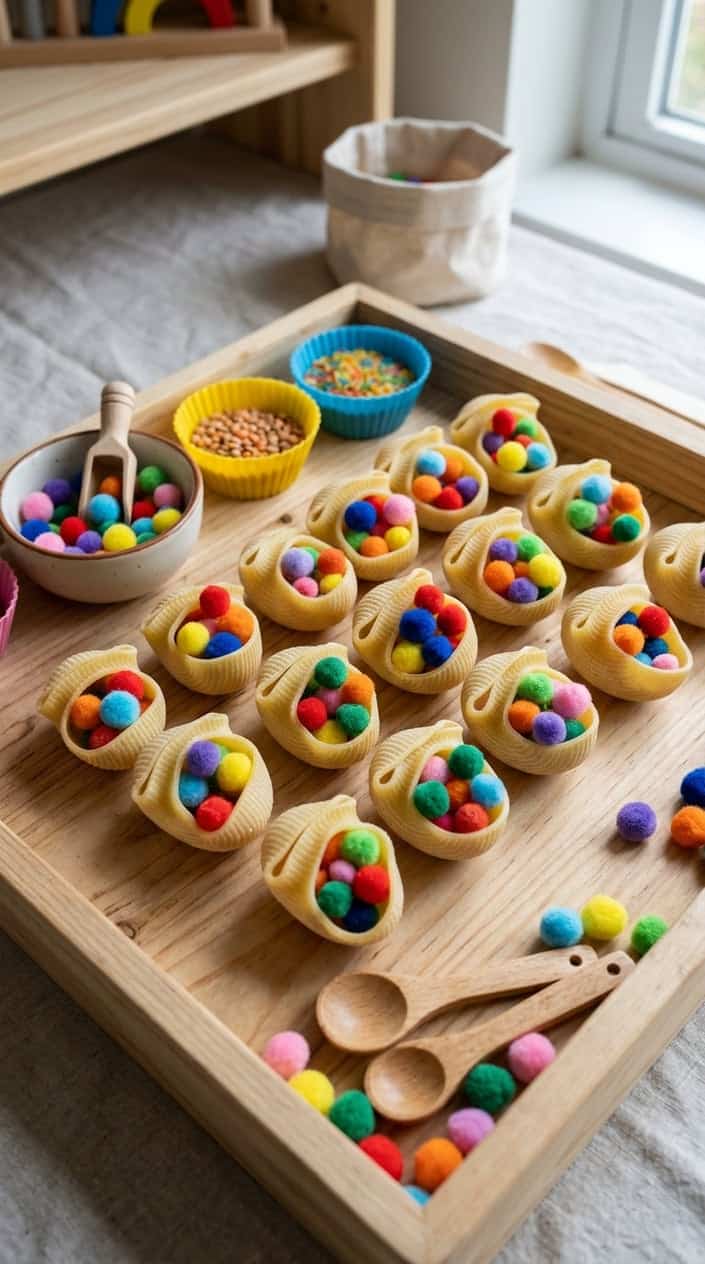 Close-up of large pasta shells filled with colorful pom-poms arranged on a wooden surface with sensory play materials nearby.