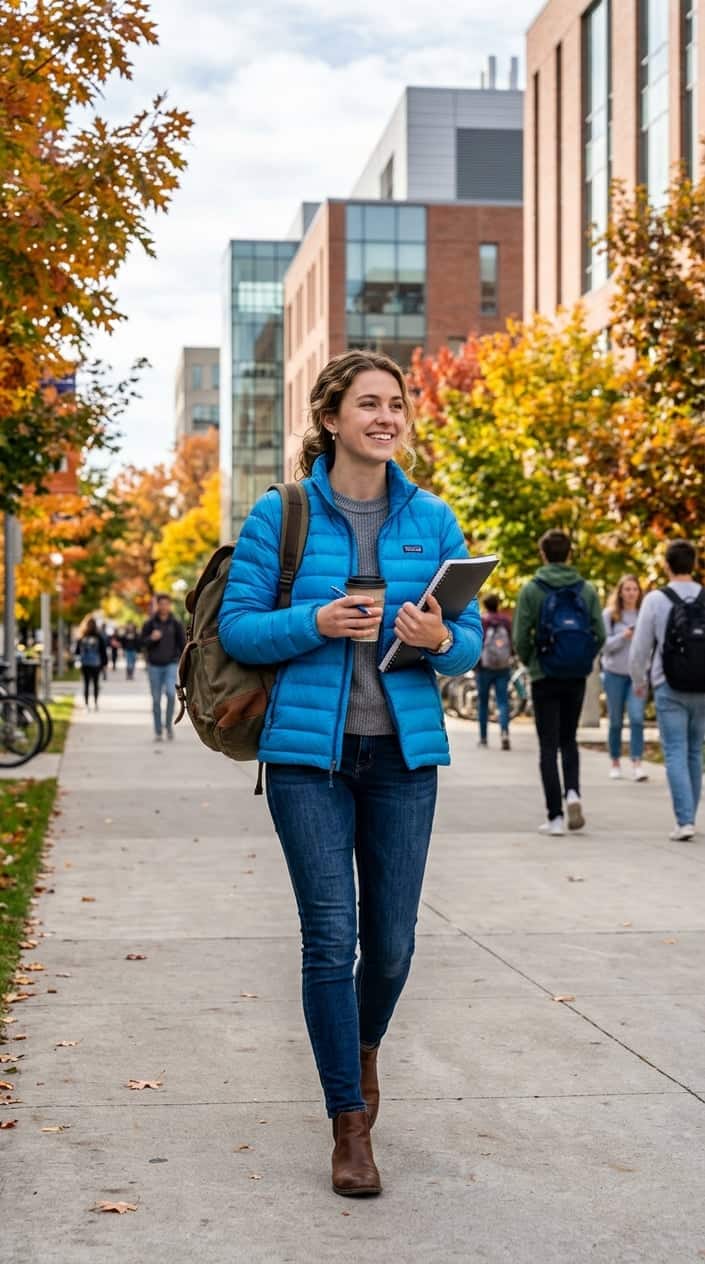 A young adult wearing a lightweight down jacket stands on a city sidewalk with school buildings and autumn trees in the background, holding a backpack and notebook.