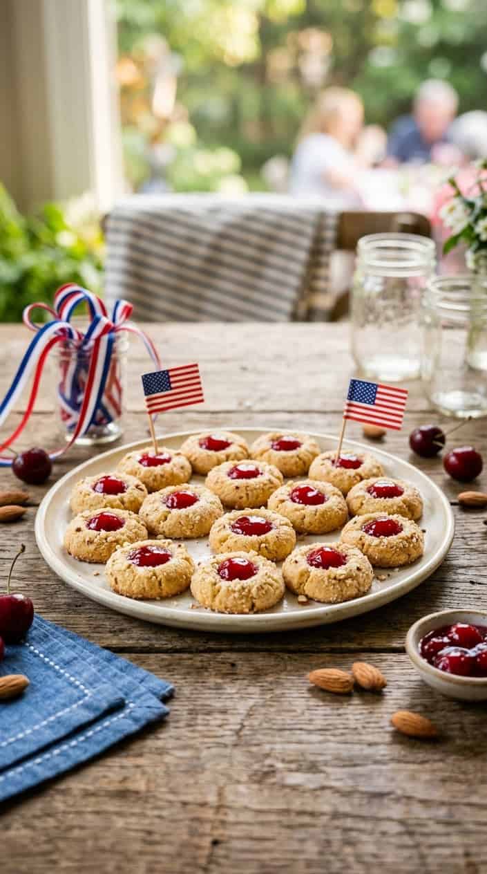 A plate of cherry-almond thumbprint cookies with red jam centers on a wooden table, surrounded by small patriotic decorations.