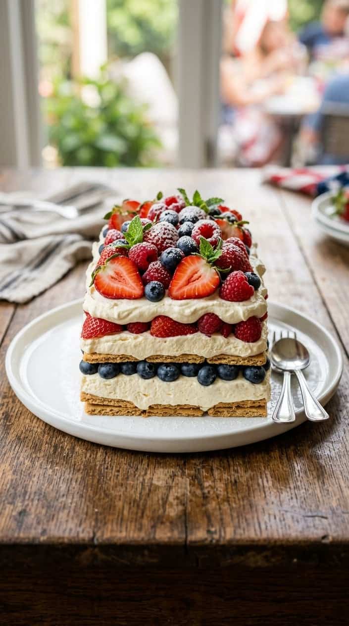 A layered icebox cake topped with whipped cream and fresh red and blue berries on a white plate.