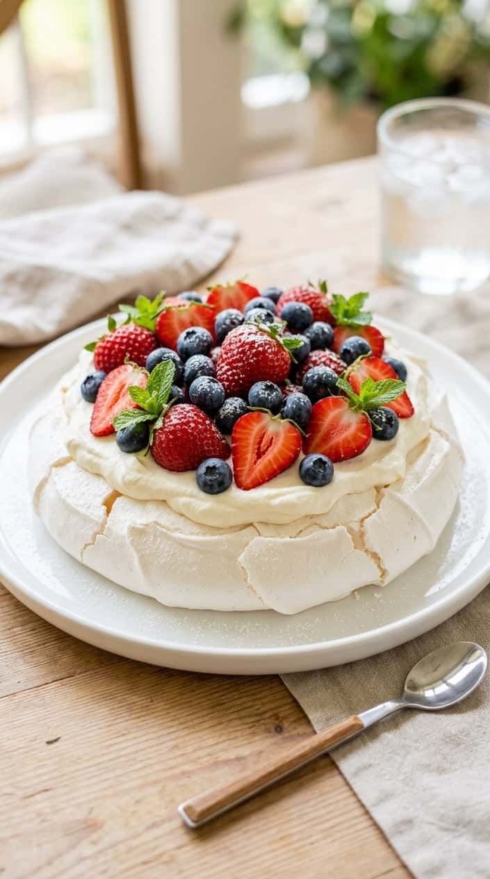 A pavlova dessert topped with whipped cream, strawberries, and blueberries on a white plate.