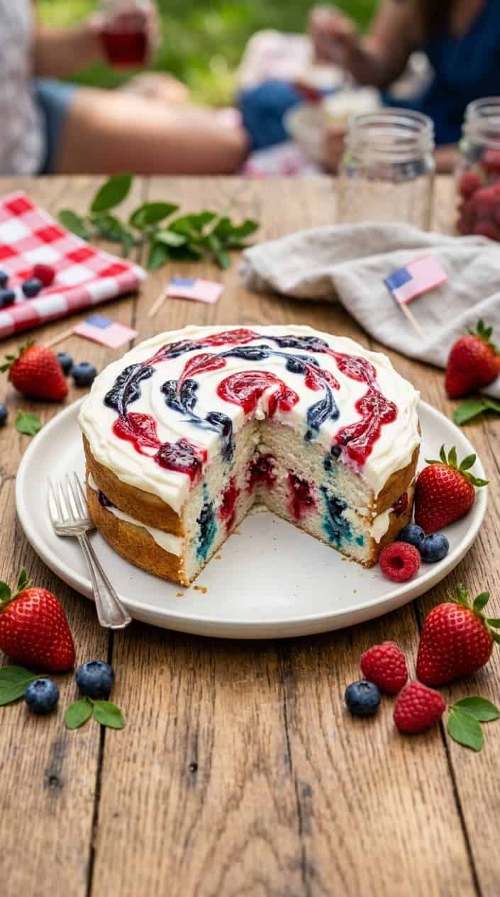 A round cake with red and blue berry swirls on white frosting, surrounded by fresh berries on a wooden table.