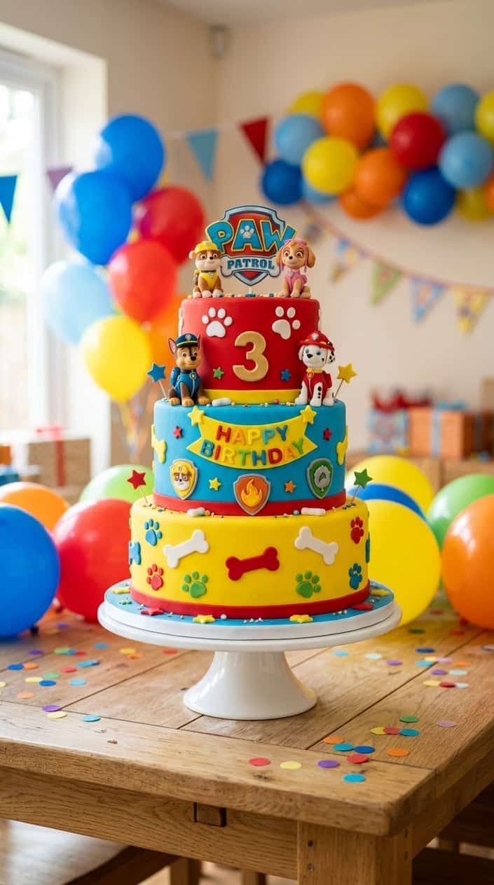 A colorful multi-layered birthday cake decorated with Paw Patrol themed edible decorations on a white cake stand with party balloons in the background.
