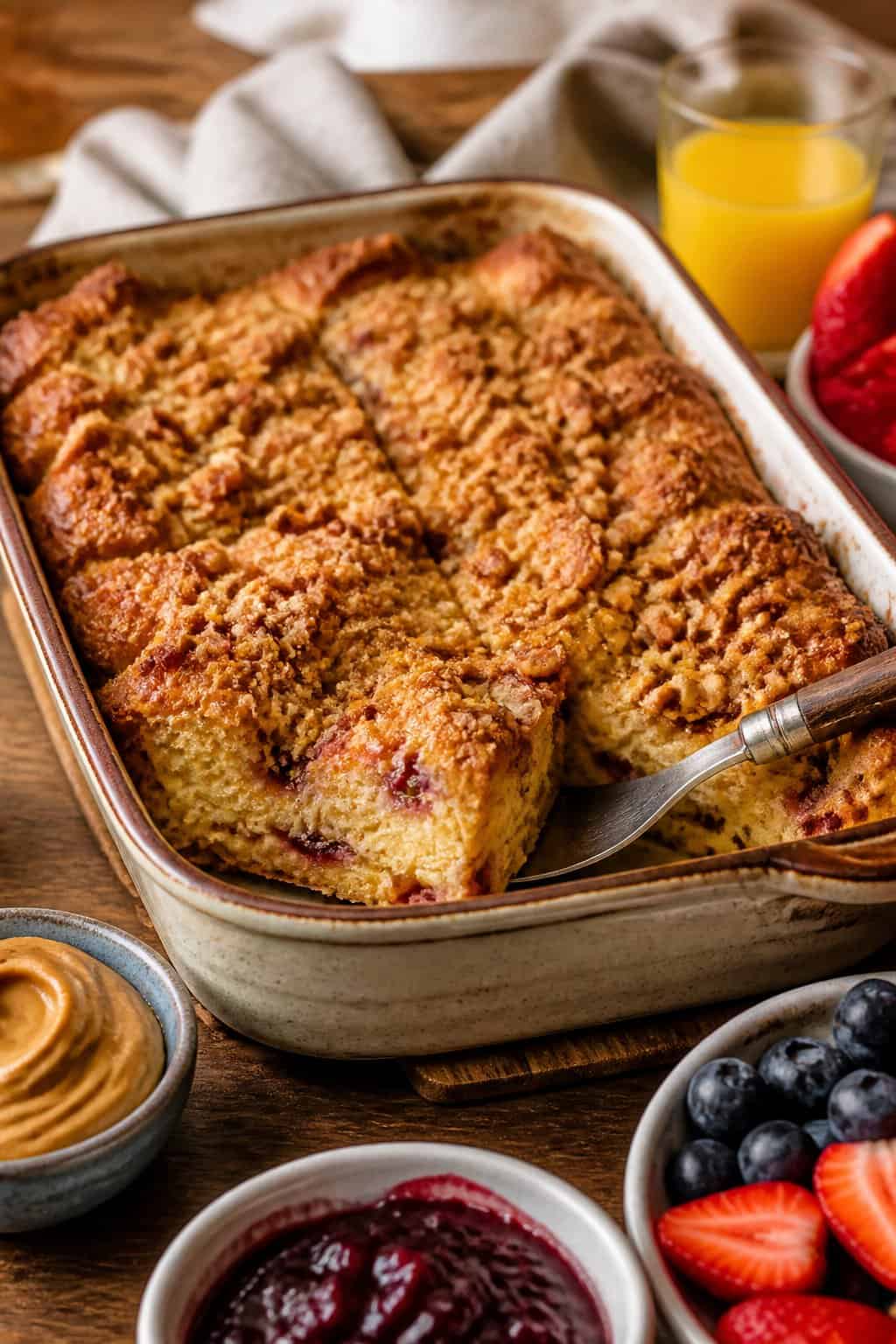 A freshly baked PB&J French toast casserole in a ceramic dish on a wooden table with small bowls of peanut butter, strawberry jelly, and fresh berries arranged around it.