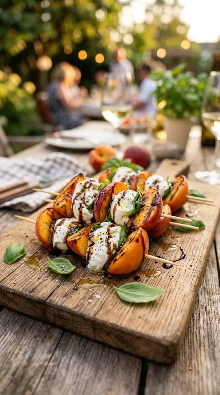 Summer Desserts That Hold Up in the Heat 4 Close-up of peach and burrata cheese skewers drizzled with balsamic glaze on a wooden board with basil leaves.