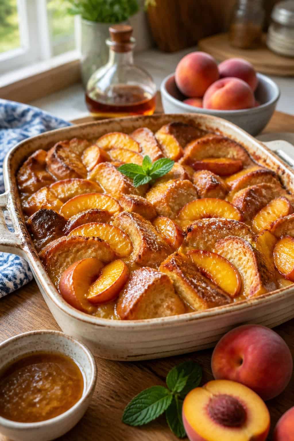 A freshly baked peach and bourbon French toast casserole in a rustic ceramic dish on a wooden table, with sliced fresh peaches and a sprig of herbs placed alongside for garnish.